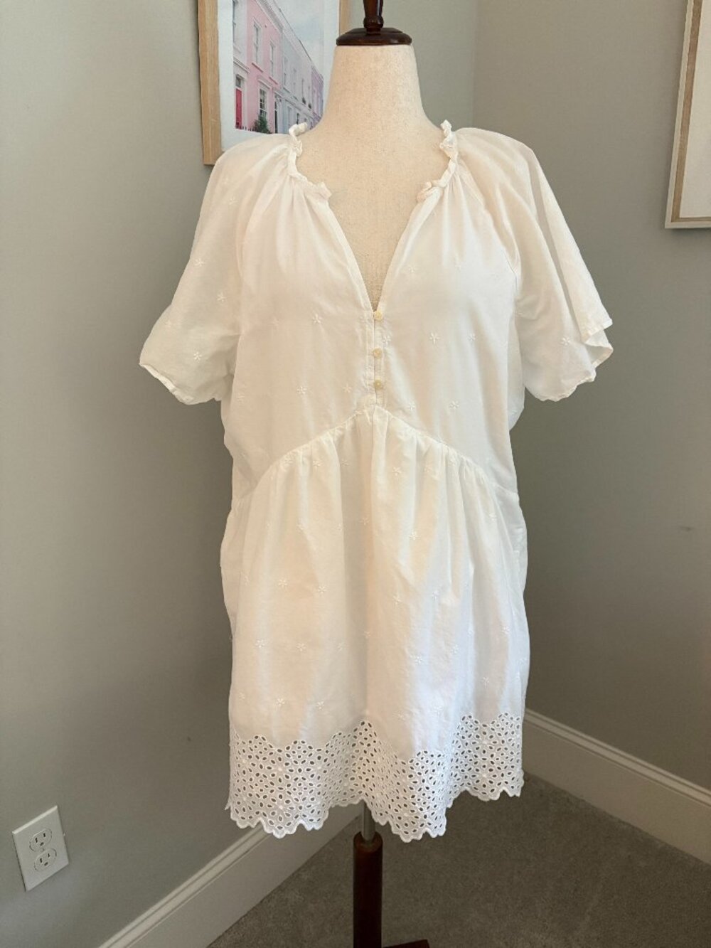 Old Navy White Split-Neck Mini Swing Dress Eyelet Lace Size XL Boho Cotton